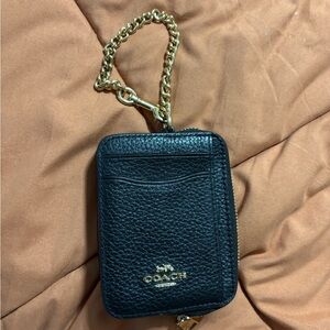 Coach Black Leather Card Holder with Gold Chain Accent